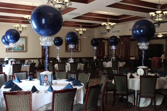 Communion Photo Cube Centerpieces with Navy & Silver Balloons