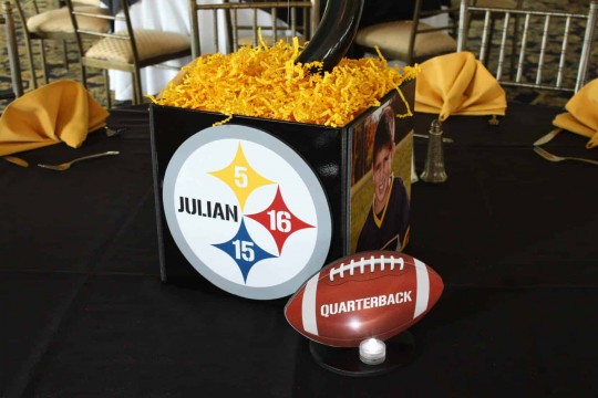 Football Themed Bar Mitzvah Centerpiece with Photos & Custom Steelers Logo