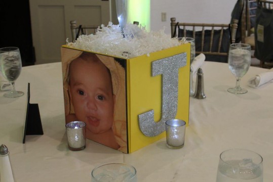 Bar Mitzvah Cube Centerpiece with Glittered Initial and Photos