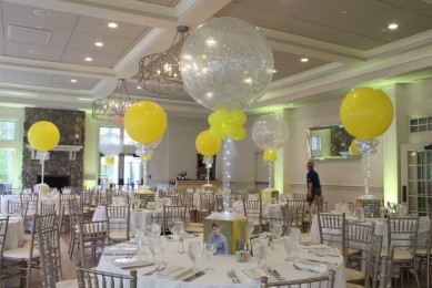 Yellow & Silver Bar Mitzvah with Photo Cube Centerpieces & Alternating Sparkle & Solid Balloons