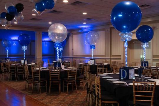 Bar Mitzvah Cube Centerpieces with Custom Logo, Sparkly Initial & Alternating Solid & Sparkle Balloons
