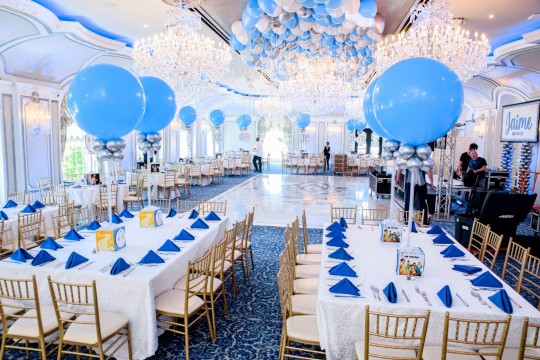 Pale Blue & Silver Balloon Centerpieces with Custom Cube Bases for Music Themed Bat Mitzvah at Meadowwood. Manor