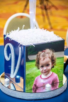 Bat Mitzvah Photo Cube Centerpiece with Glittered Initial & Photos on LED Bling Base
