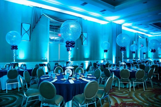 Navy & Silver Sparkle Balloon Centerpieces with Custom Photo Cube Base at The Doubletree Hotel, Tarrytown
