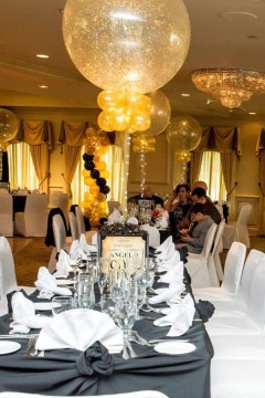 Gold Sparkle Balloons with Photo Cube Centerpiece