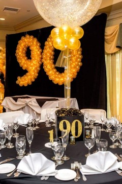 90th Birthday Photo Cube Centerpiece with Gold Sparkle Balloons
