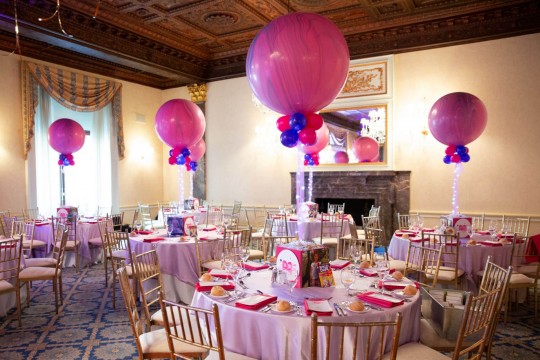 Pink Marble Balloon Centerpiece with Custom Cube Base for Book Themed Bat Mitzvah at Harmonie Club, NYC