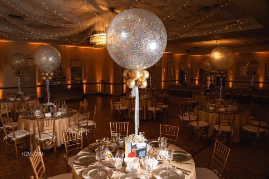Gold & SilverLED  Sparkle Balloon with Custom Photo Cube Base