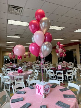 Shades of Pink Balloon Centerpieces with Custom Logo & Glittered Logo Cube