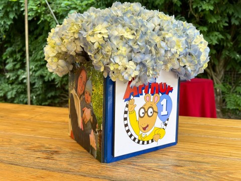 Arthur Themed Photo Cube Centerpiece with Custom Logo & Hydrangeas