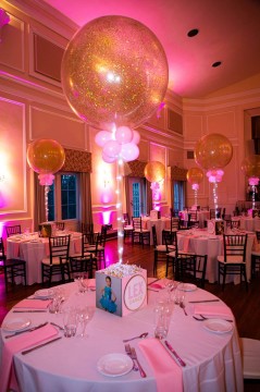 Pink & Gold LED Sparkle Balloon Centerpiece with Logo & Photo Cube Base
