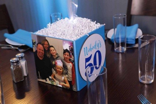 Photo Cube Centerpiece with Custom Logo for 50th Birthday