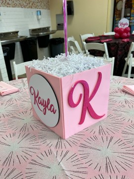 Shades of Pink Cube Centerpiece with Custom Logo & Glittered Initial