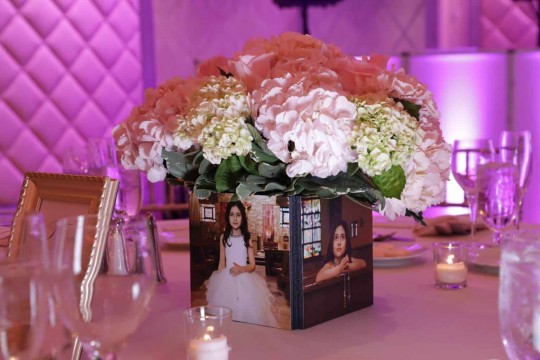 First Communion Photo Cube Centerpiece with Flowers