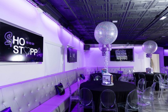 Silver & Lavender Sparkle Balloon Centerpiece with Custom Logo & Art Cubes at Rain Event Space, Teaneck