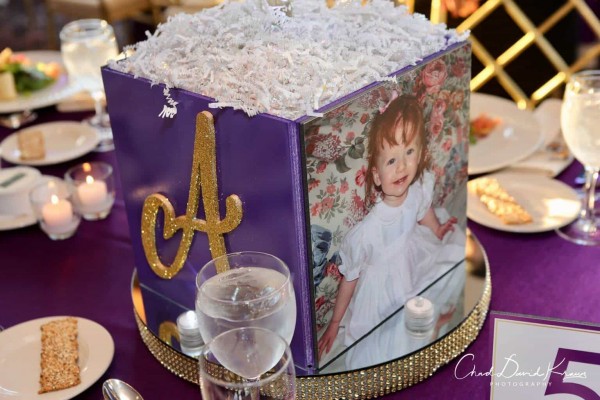 Custom Bat Mitzvah Photo Cube Centerpiece with Glittered Initial & Bling Base