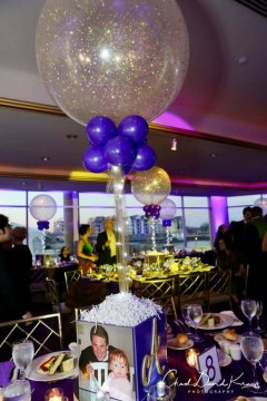 Purple & Gold Sparkle Balloon Centerpiece with Photo Cube Base