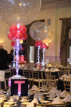 Hot Pink & Silver Sparkle Balloon Centerpiece with Photo Cube Base