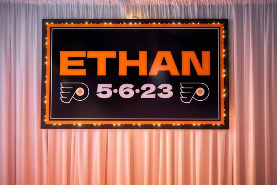 Flyers Hockey Themed Custom Printed Name Backdrop with Name & Date on LED Curtain