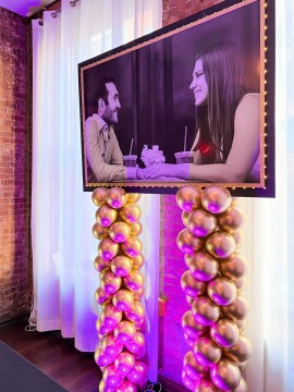 Blowup Photo Sign with Lights on Balloon Poles for Engagement Party