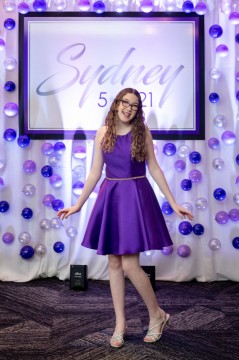 Beautiful Custom Printed Backdrop with Name and Date over Bubble Balloon Wall for Bat Mitzvah