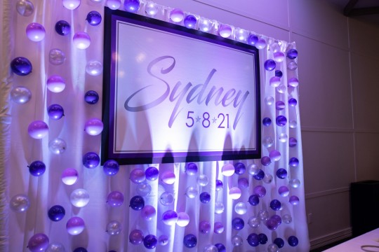Custom Printed Sign with Name and Date over Bubble Balloon Wall for Bat Mitzvah Decor