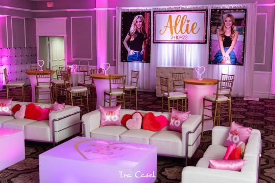 Custom Printed Name Sign Backdrop with Blowup Photos on LED Curtain for Valentines Day Themed Bat Mitzvah at Cedar Hill CC
