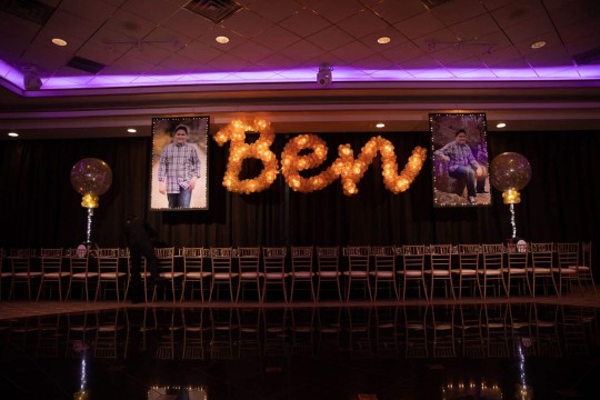 Gold Name in Balloons with LED Lights & Blowup Photos at Marlboro Jewish Center
