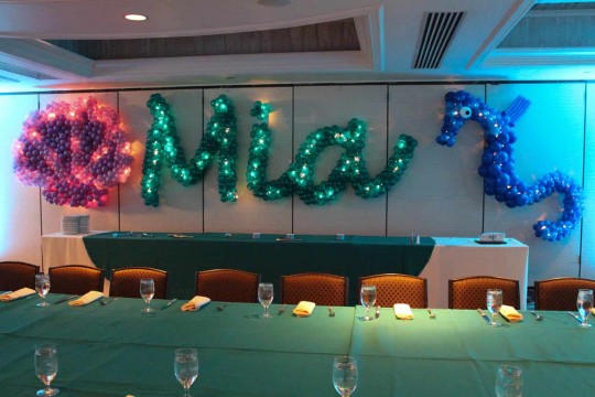 Teal Name in Balloons with Seashell & Sea Horse Balloon Sculpture
