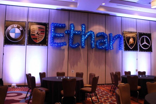 Car Themed Bar Mitzvah with Name in Balloons Sculpture & Car Logo Posters