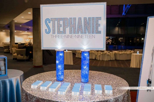 Custom Logo Seating Card Display on LED Cylinders with Gems