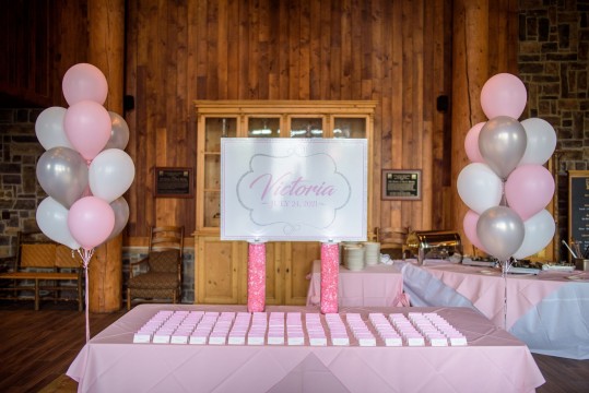 Custom Fold Over Place Cards with Candy Bar Style Seating Card Display and Balloon Trees for Sweet Sixteen Decor