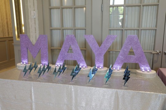 Acrylic Custom Lightning Bold Place Cards with Cut Out Glitter Letters as a Seating Card Display for Bat Mitzvah