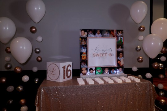 Custom LED Seating Card Display with Fold Over Place Cards, Bubble Balloon Stands and Gift Box for Sweet Sixteen