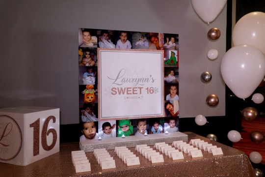 Custom LED Seating Card Display with Fold Over Place Cards, Bubble Balloon Stands and Gift Box for Sweet Sixteen