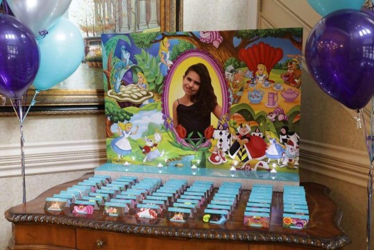 Alice in Wonderland Seating Card Display with Bat Mitzvah Girl Photo