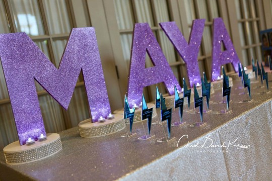 Acrylic Custom Lightning Bold Place Cards with Cut Out Lavender Glitter Letters as a Seating Card Display for Bat Mitzvah
