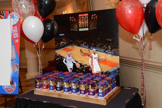 Basketball Themed Seating Card Display with Stadium Background and Player Cutouts