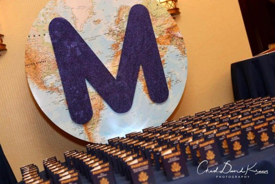 Globe Seating Card Display with Glittered Initial for Travel Themed Bar Mitzvah