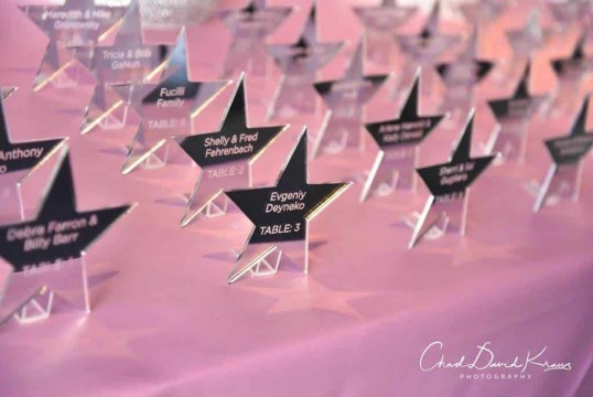 Custom Engraved Mirrored Star Place Cards for Hollywood Themed Bat Mitzvah
