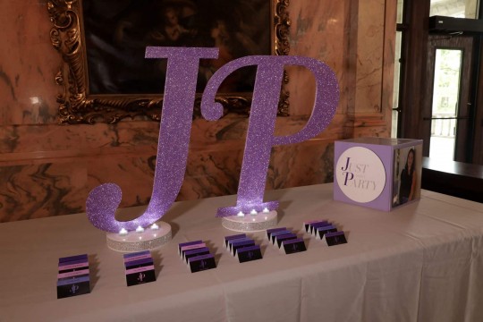 Glittered Initial Display with Custom Logo Place Cards for Bat Mitzvah