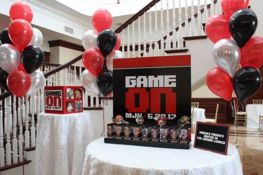 Video Game Themed Place Card Display with Custom Logo