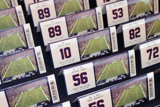 Giants Football Themed Fold Over Ticket Place Cards with Jersey Table Numbers