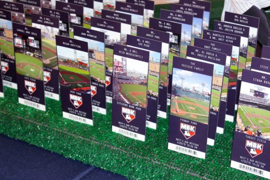 Baseball Themed Bar Mitzvah Place Cards with Stadium Images & Custom Logo