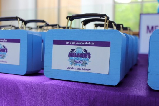 Light Blue Suitcase Place Cards with Custom Logo Labels