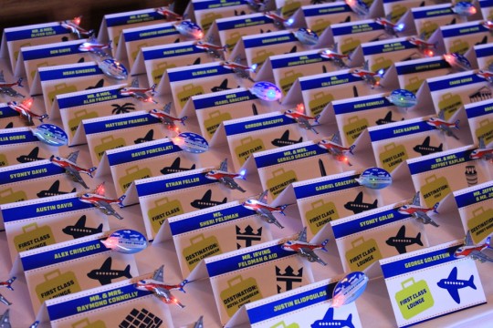 Travel Themed Bar Mitzvah Place Cards with LED Airplanes & Cruise Ships