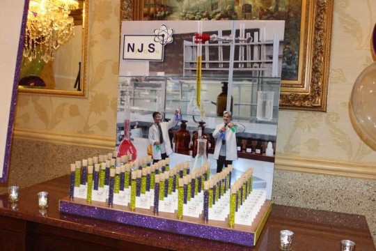 Science Themed Bar Mitzvah Seating Card Display with Lab Background & Photo Cutouts