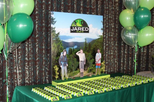 Everything Boy Themed Seating Card Display with Photo Cutouts & Logo
