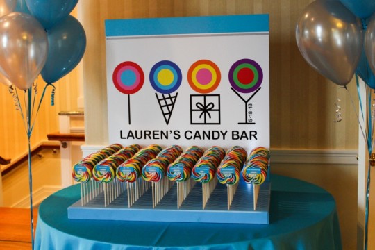 Candy Themed Seating Card Display with Lollipop Place Cards