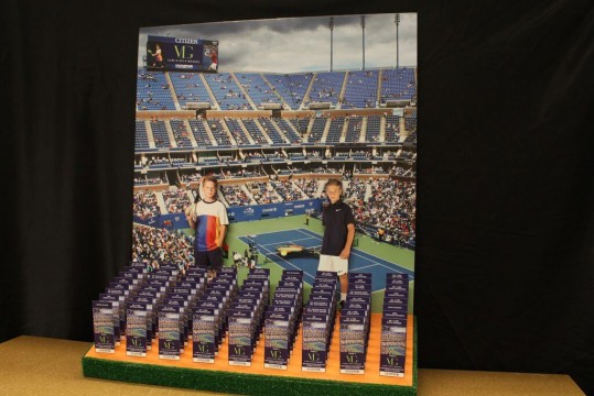 Tennis Themed Seating Card Display with Arthur Ashe Stadium Background